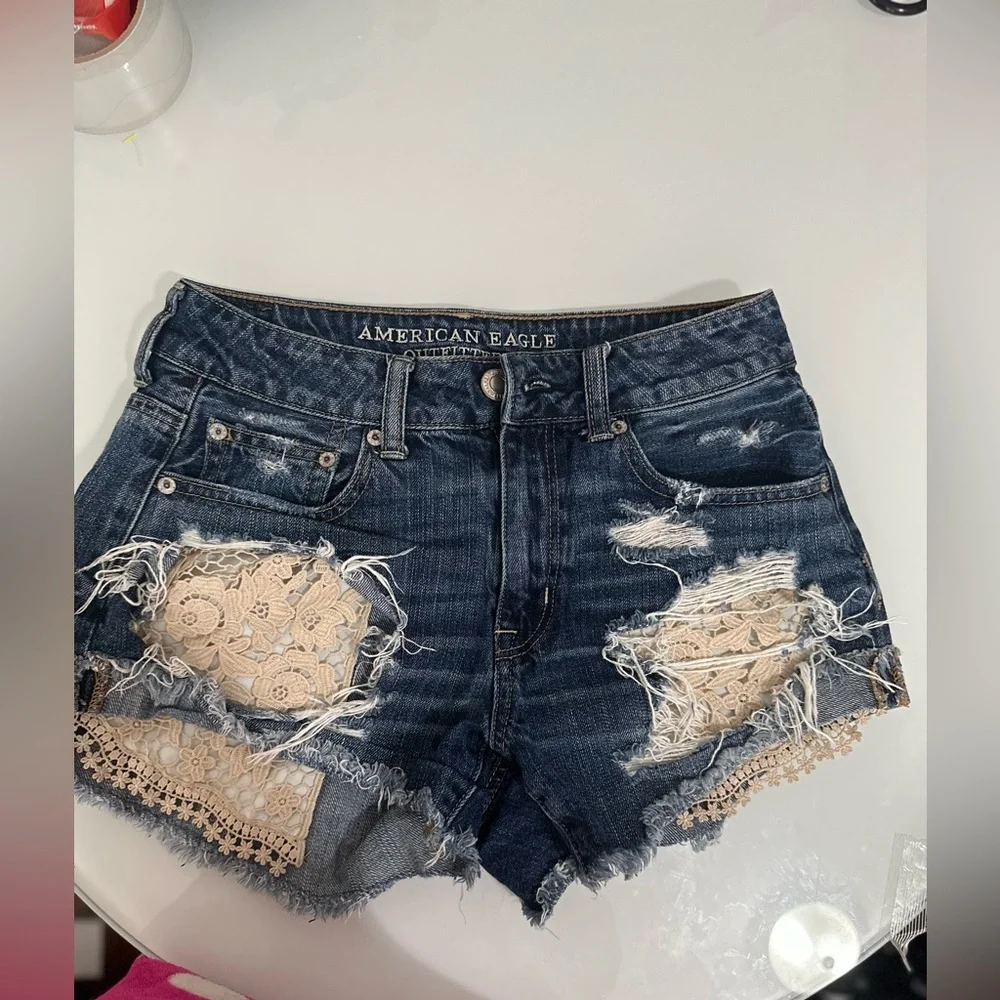 American Eagle Outfitters Women's Dark Blue Jean Shorts with Lace - Picture 1 of 5